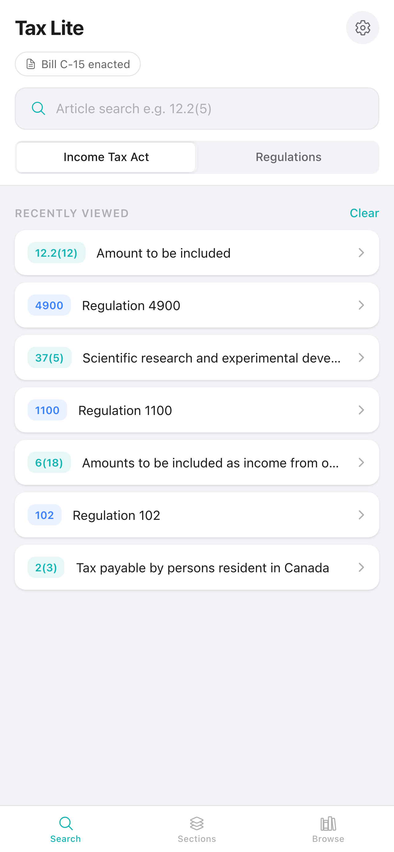 Tax Lite app home screen